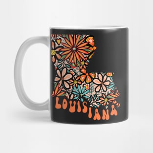 Louisiana State Design | Artist Designed Illustration Featuring Louisiana State Outline Filled With Retro Flowers with Retro Hand-Lettering Mug